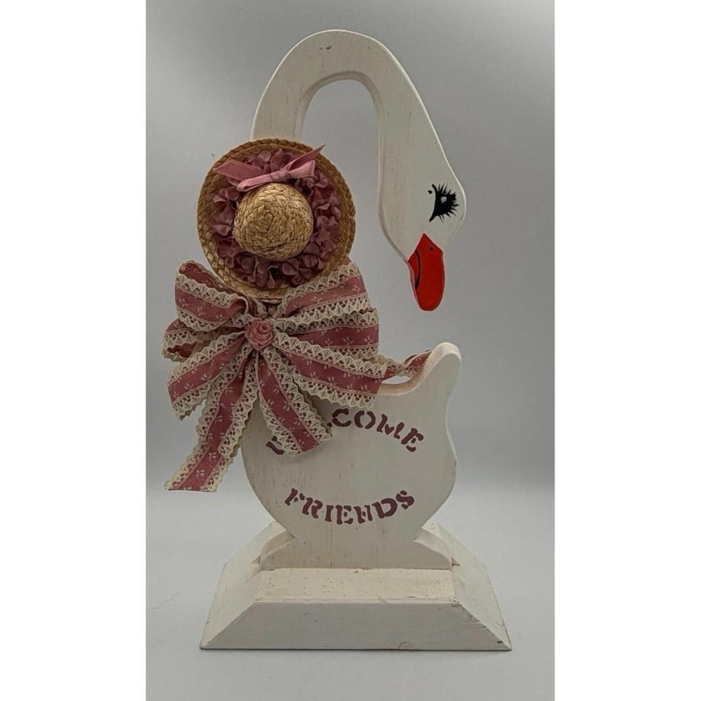 Vintage Wood Goose Decor Bow Straw Hat Cottage Farmhouse 15"